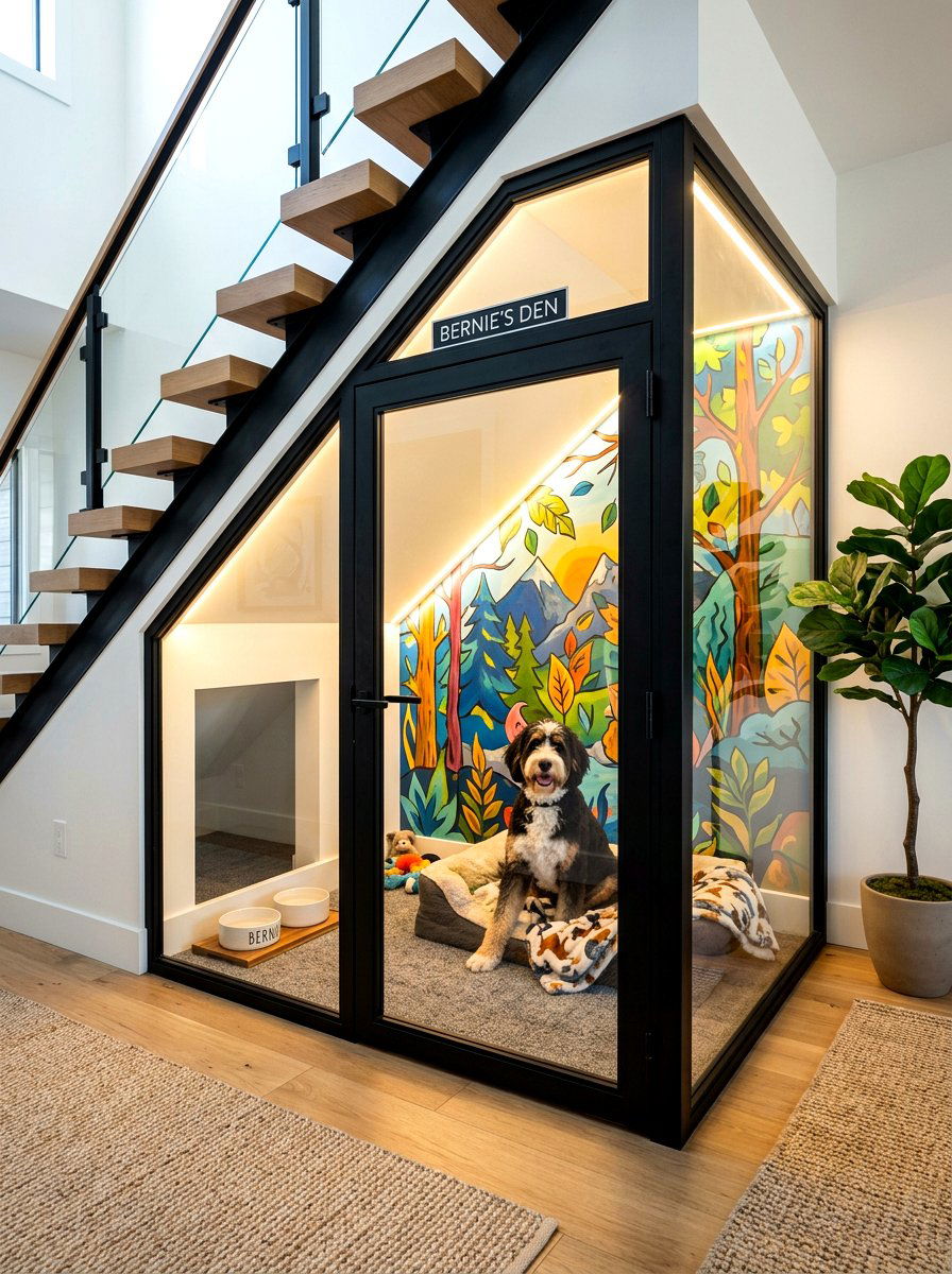 Glass door pet enclosure - 30 under stairs pet room ideas aesthetic