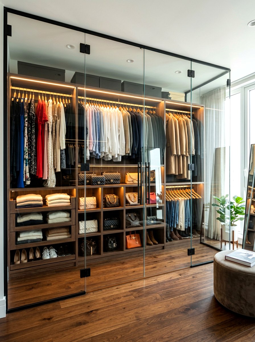 Glass door walk in closet - 30 purse display closet ideas