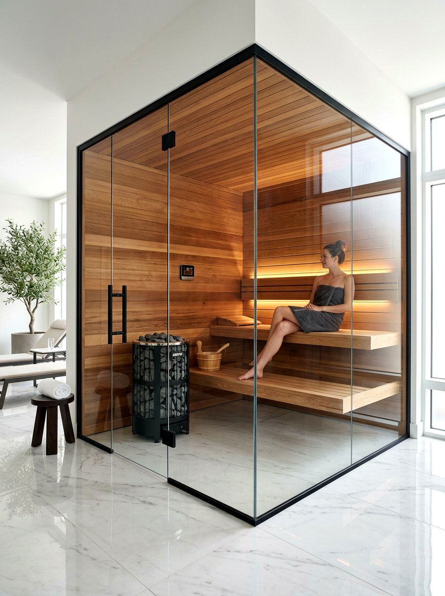 Glass enclosed sauna room - 30 contrast therapy bathroom ideas