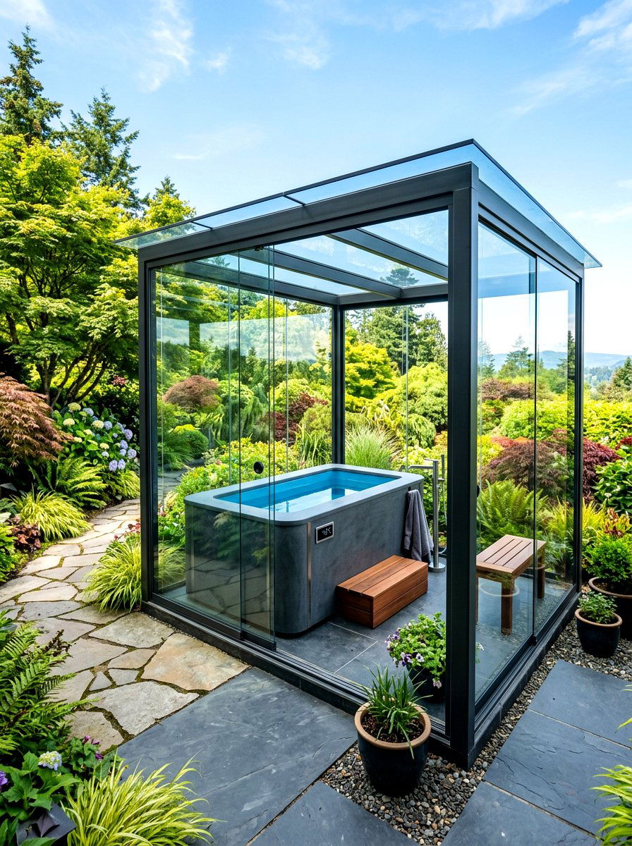 Glass enclosure cold plunge - 30 cold plunge backyard retreat ideas
