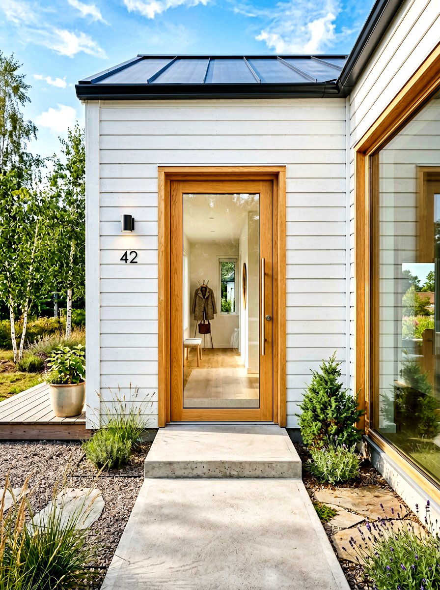 Glass entryway door Scandinavian house - 30 Scandinavian house exterior ideas