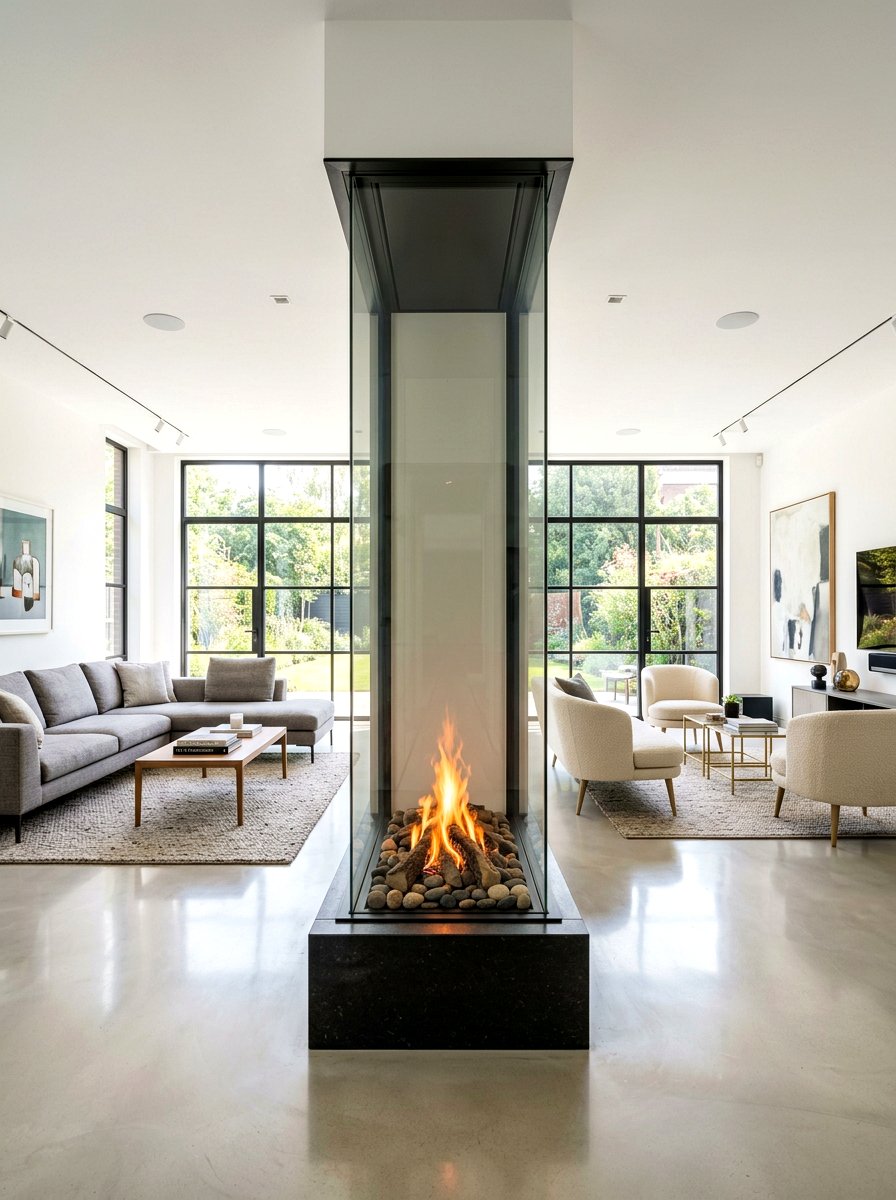 Glass fireplace living room divider - 30 off center fireplace ideas