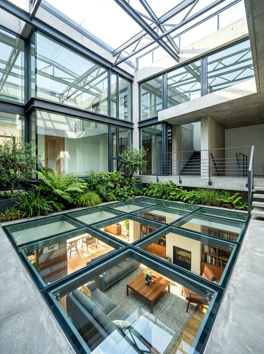 Glass floor courtyard - 30 indoor courtyard home ideas