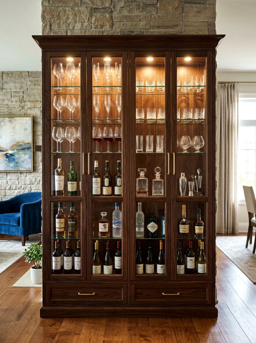 Glass front bar cabinet - 30 cocktail nook ideas aesthetic