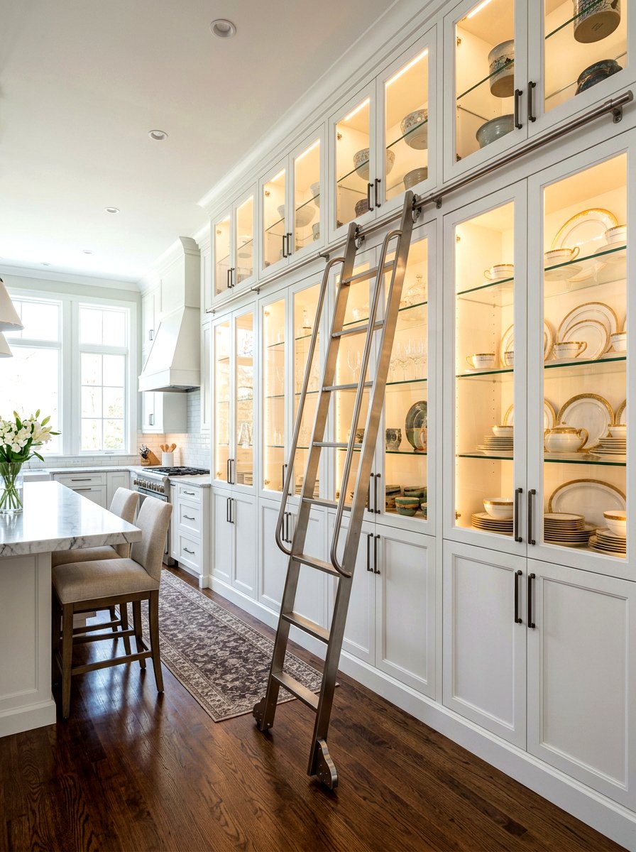 Glass front cabinet ladder - 30 library ladder kitchen ideas