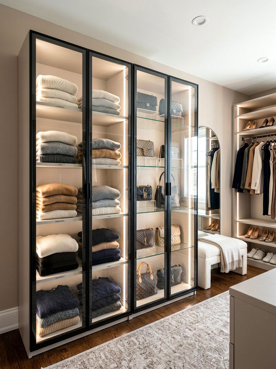 Glass front cabinets - 30 small walk in closet ideas