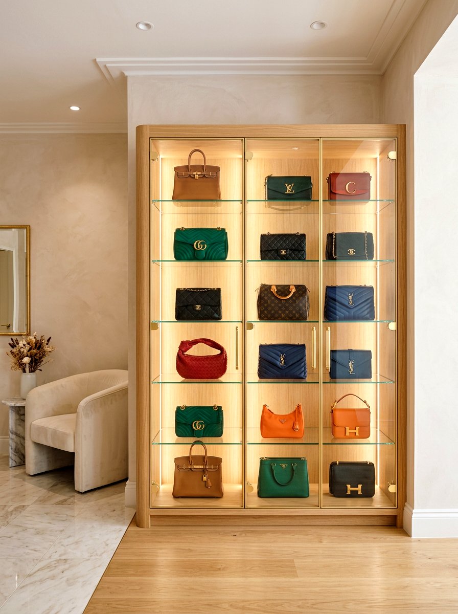Glass front handbag cabinet - 30 purse display closet ideas