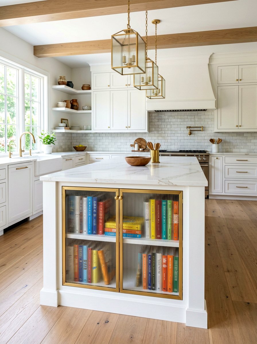 Glass front kitchen island bookcase - 30 island bookshelf ideas