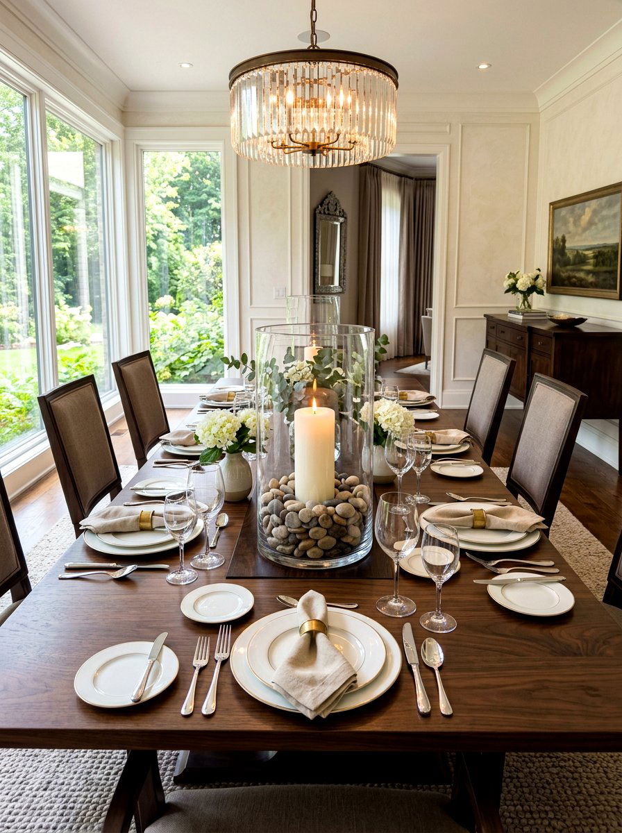 Glass hurricane pillar candle - 30 simple centerpiece dining ideas