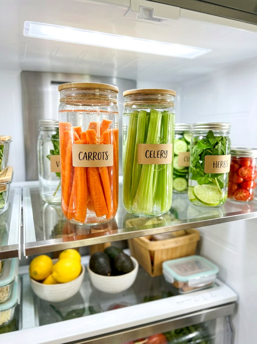 Glass jar food decanting - 30 aesthetic fridge organization ideas