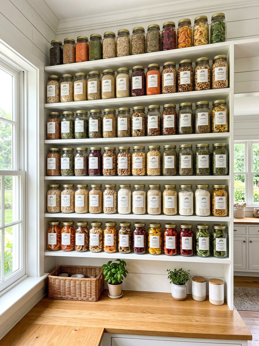 Glass jar pantry display - 30 farmhouse pantry shelving ideas