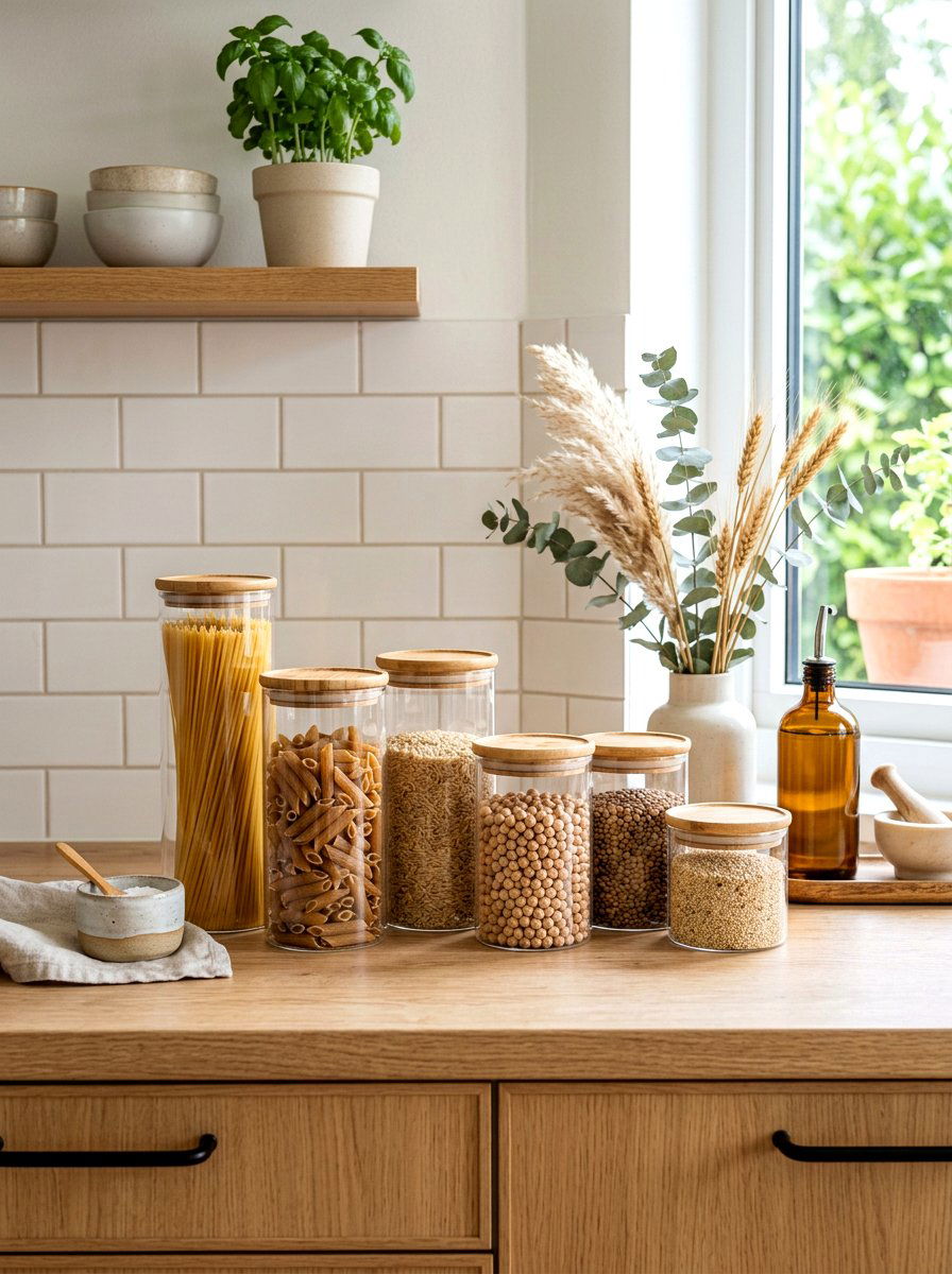 Glass jars with bamboo lids - 30 food container organization ideas