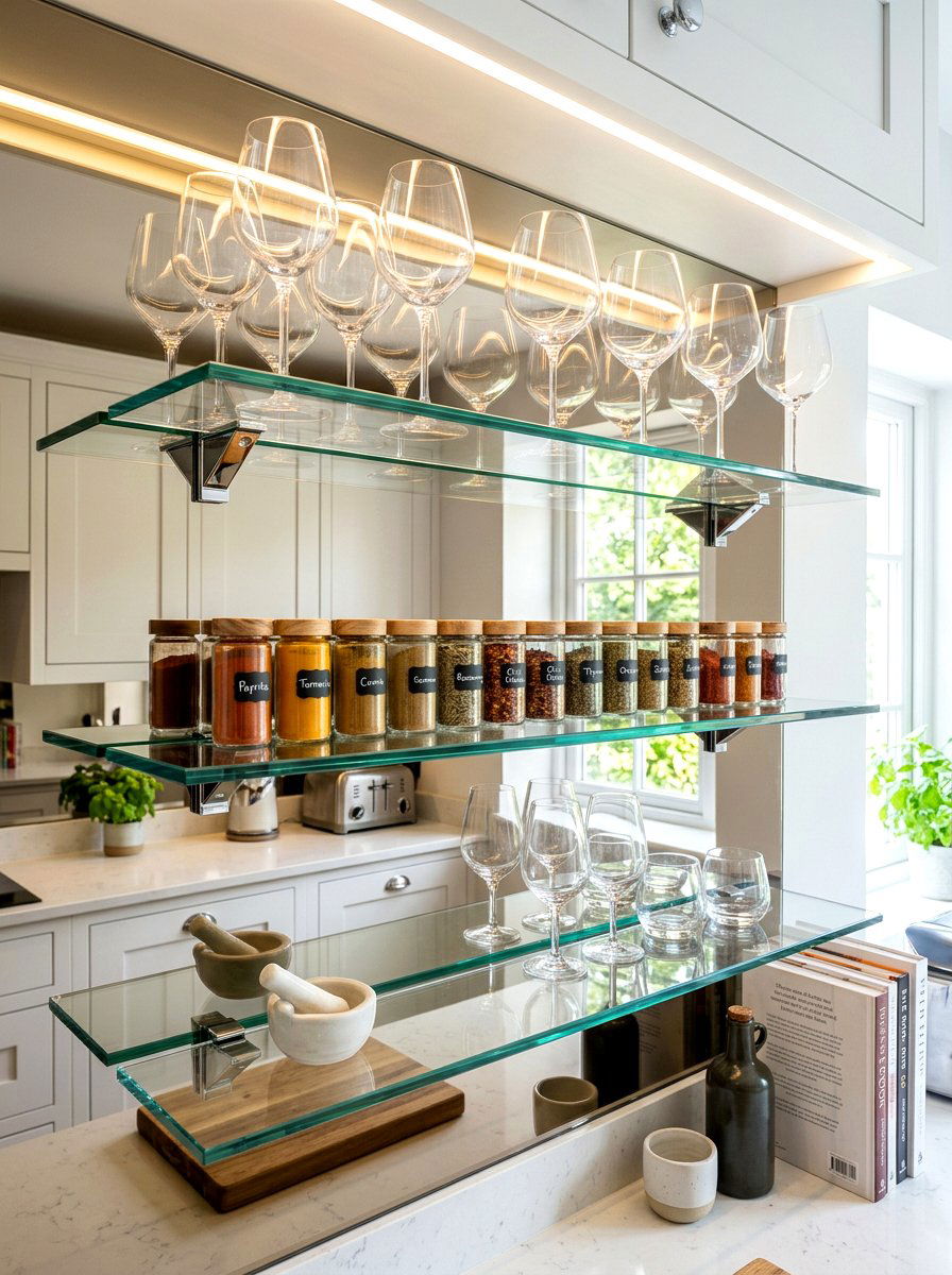 Glass kitchen shelf - 30 tiny kitchen open shelf ideas