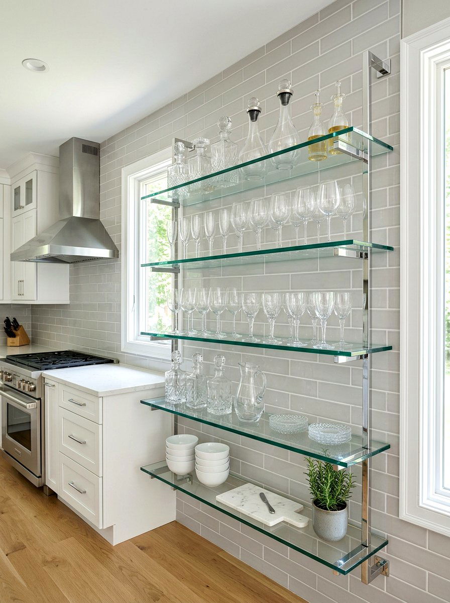 Glass kitchen shelving - 30 open kitchen shelf ideas