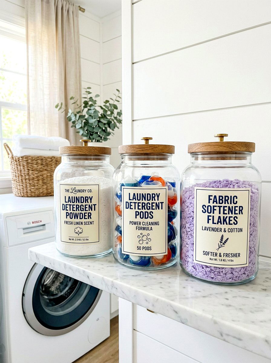 Glass laundry detergent jars - 30 organizing a laundry closet ideas
