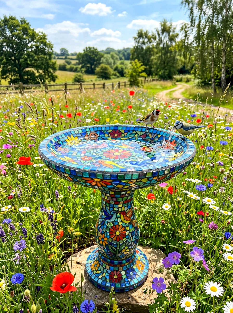 Glass mosaic bird bath - 30 front yard bird bath ideas