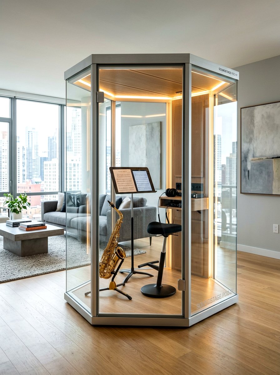 Glass music pod installation - 30 music practice room ideas