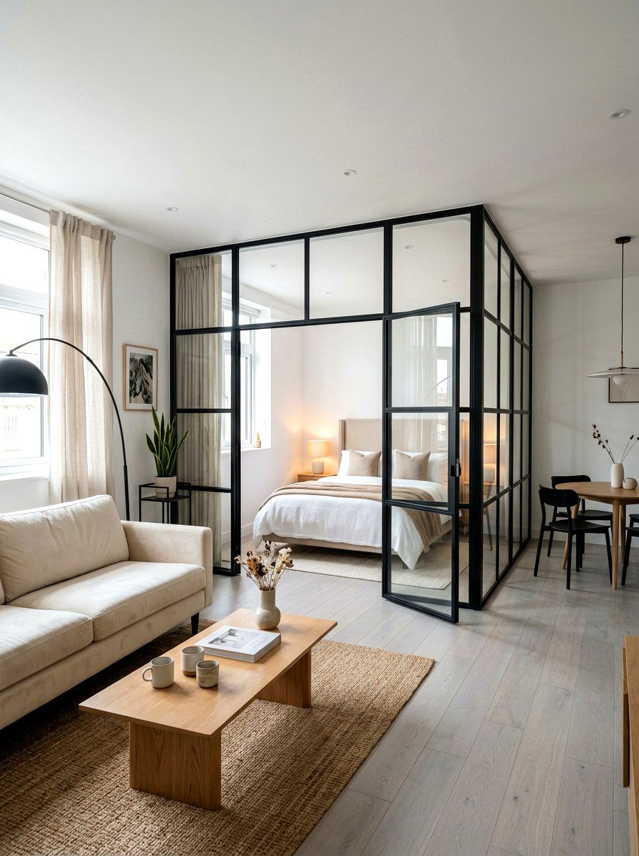 Glass partition walls - 30 broken floor plan apartment ideas