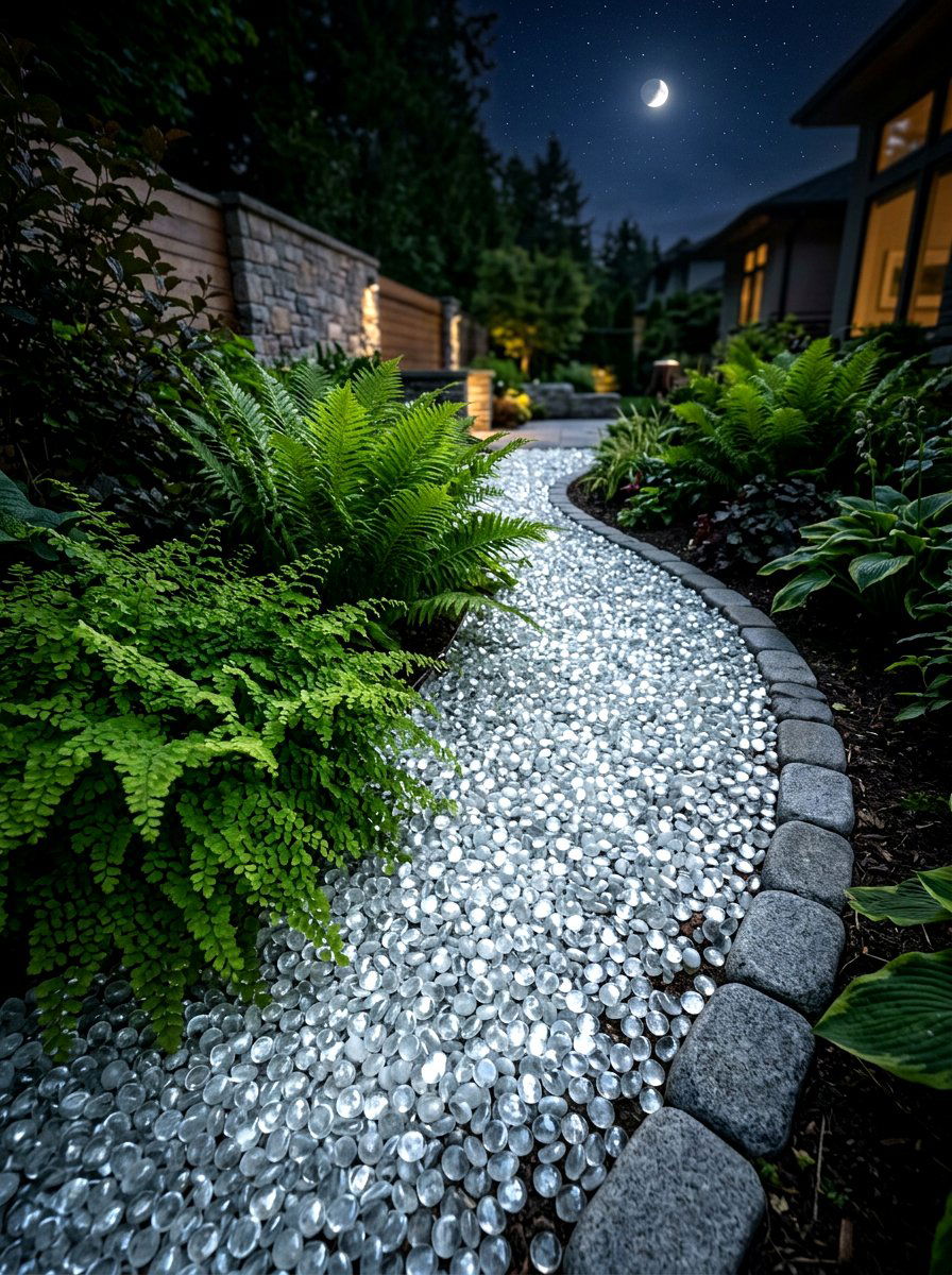 Glass pebble mulch - 30 moonlight backyard ideas