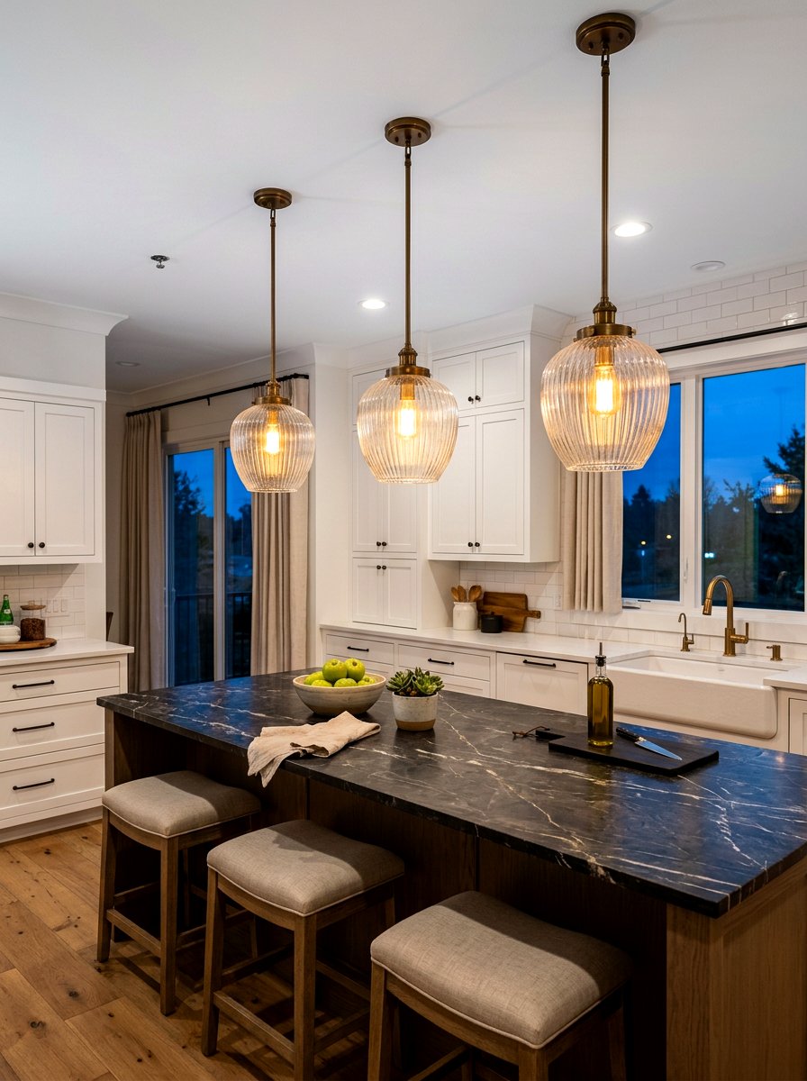 Glass pendant lights - 30 grandma core kitchen ideas