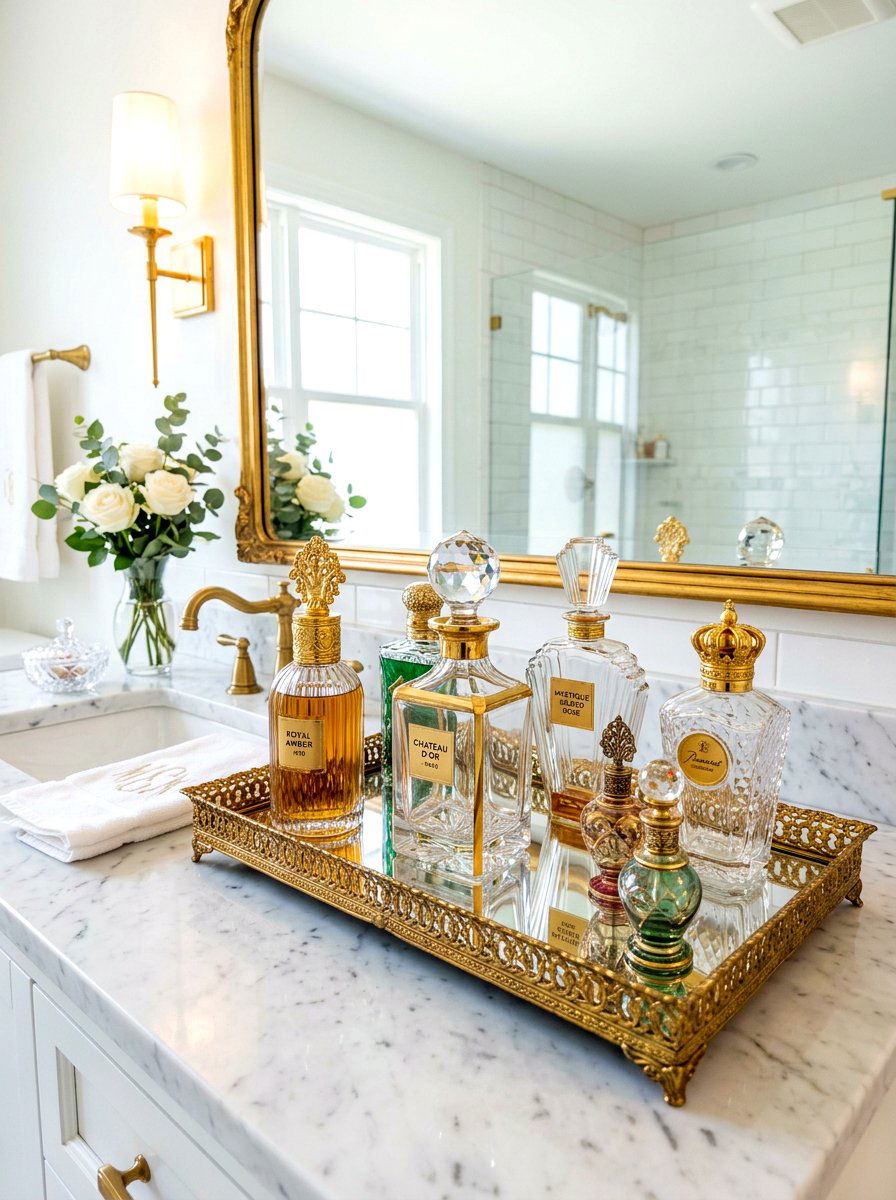 Glass perfume bottle bathroom display - 30 coquette bathroom ideas