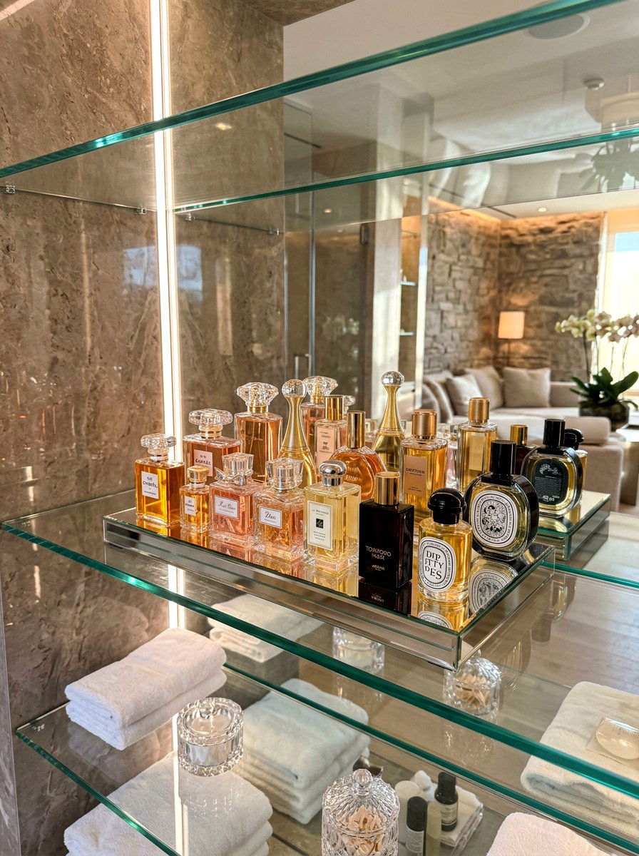 Glass perfume display - 30 spa shelf styling bathroom ideas
