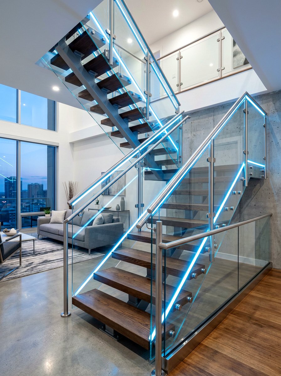 Glass railing with led lights - 30 statement staircase lighting ideas