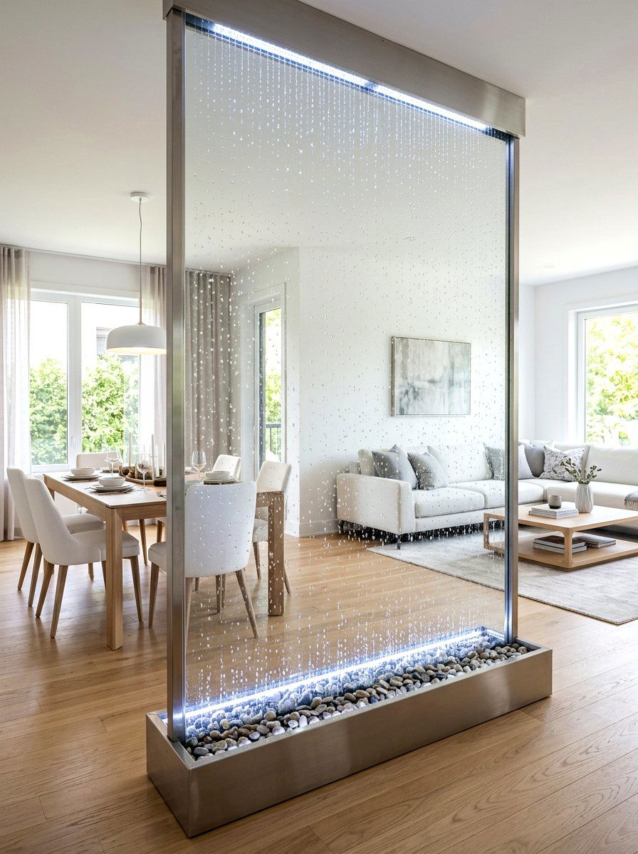 Glass rain curtain fountain - 30 indoor fountain decor ideas