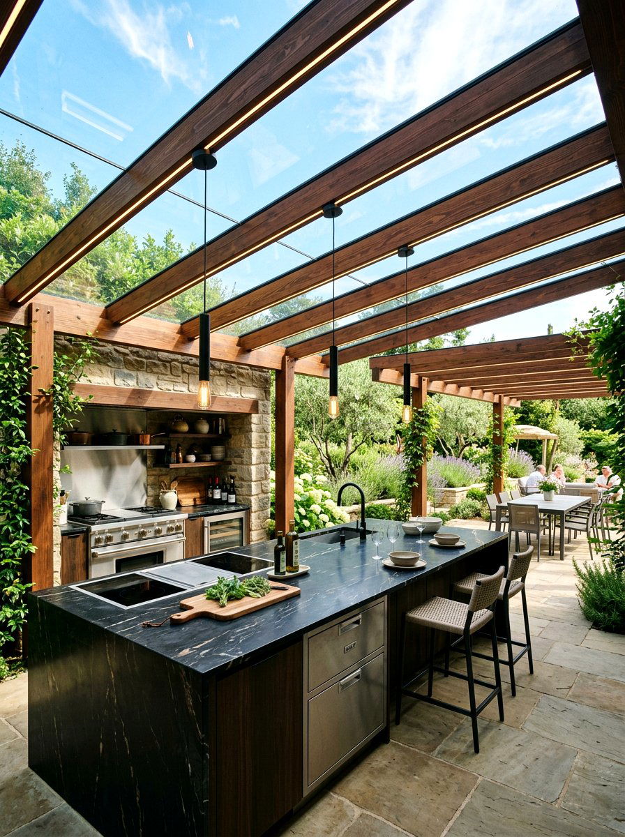 Glass roof pergola kitchen - 30 pergola with kitchen ideas