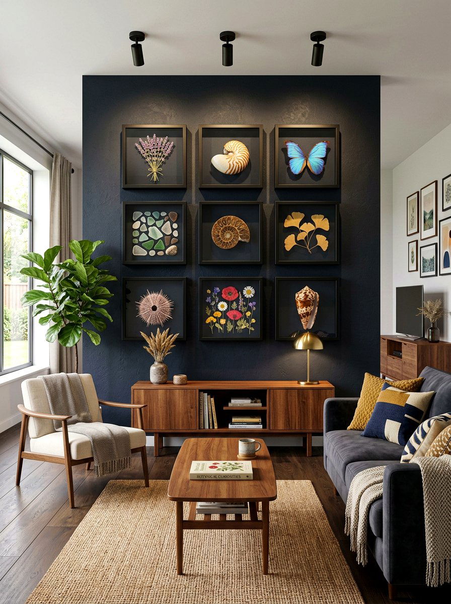 Glass shadow boxes - 30 living room wall decor ideas