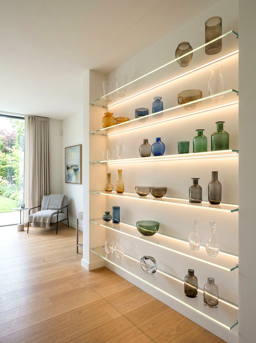 Glass shelf lighting - 30 glassware display ideas