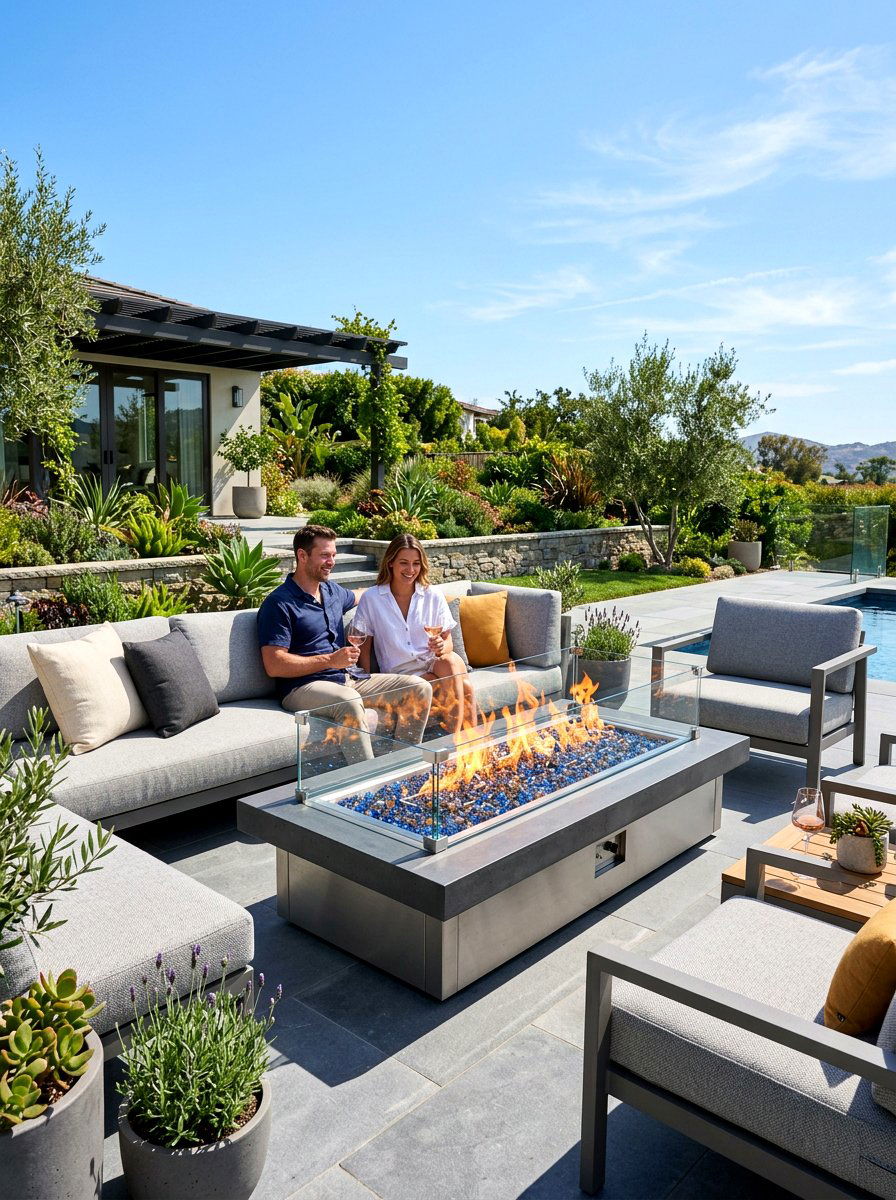 Glass surround fire pit - 30 gas fire lounge patio ideas