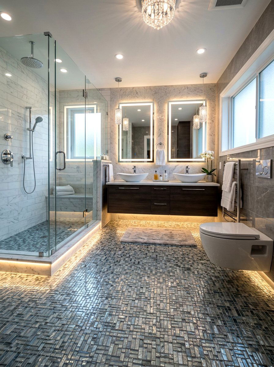 Glass tile floor lighting - 30 toe kick bathroom lighting ideas