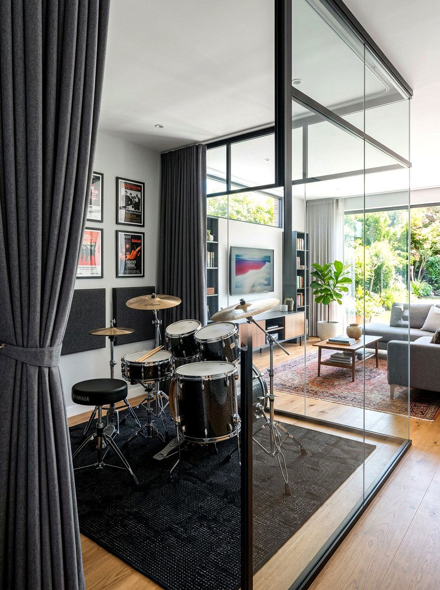 Glass wall drum room - 30 drum room ideas