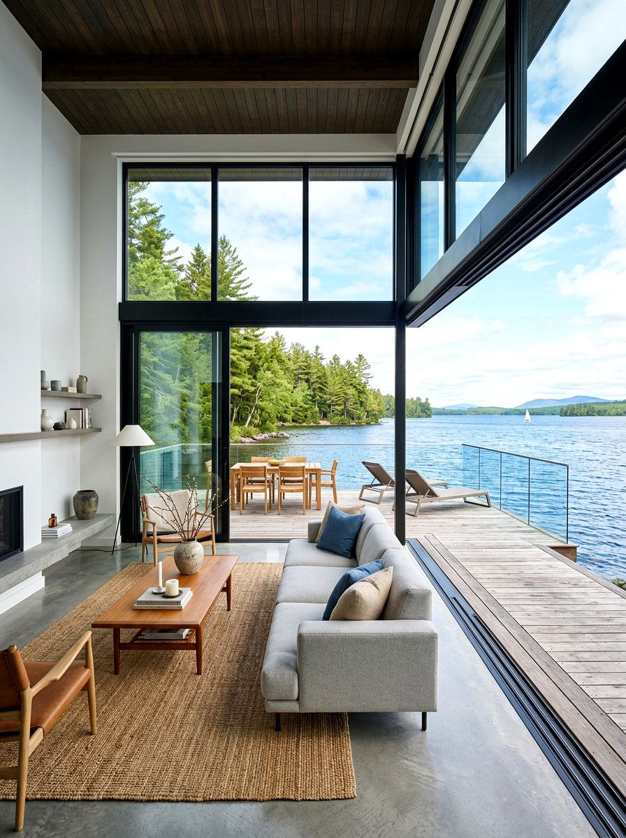 Glass wall lake house - 30 lake house living room ideas