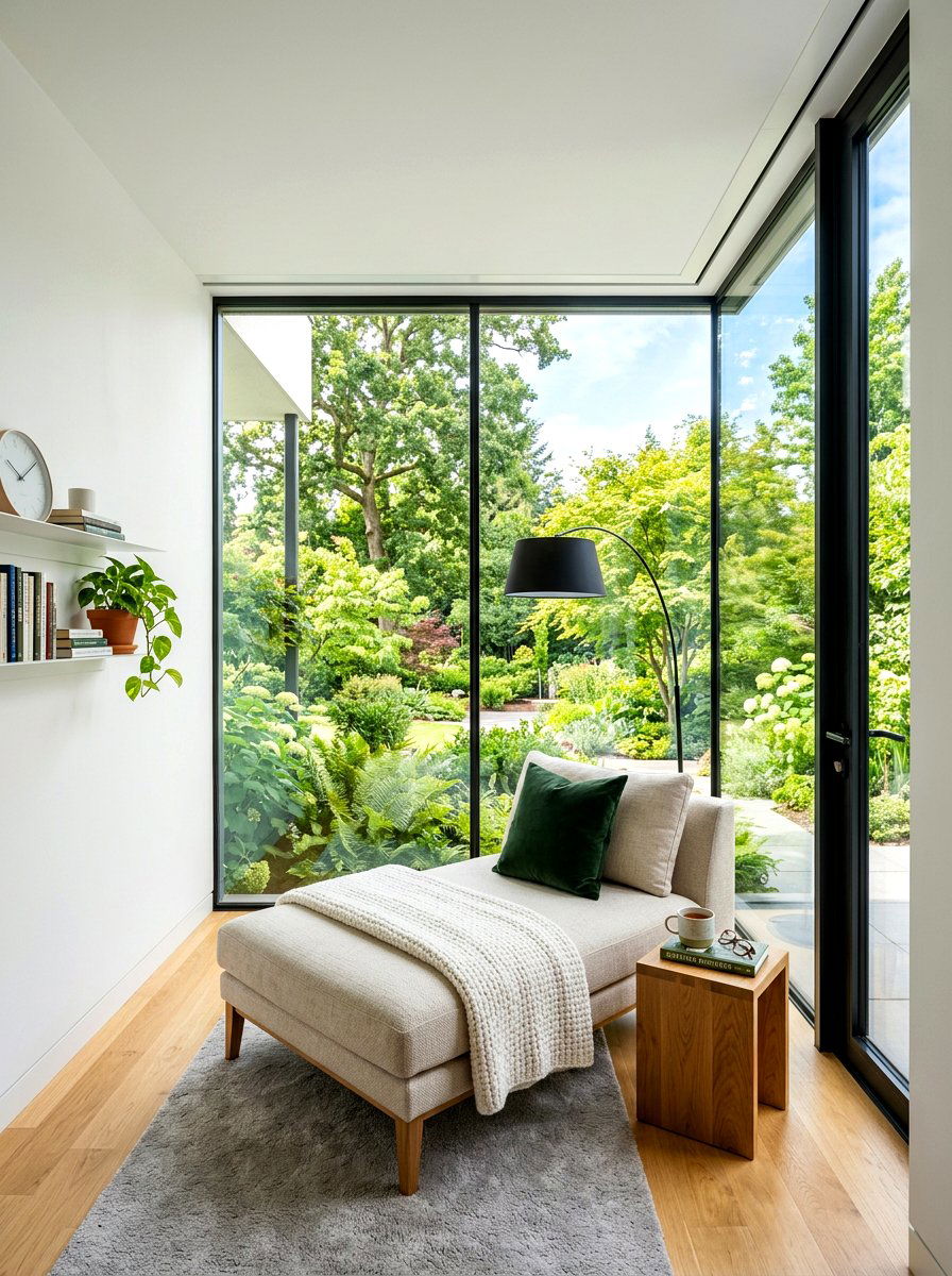 Glass wall reading nook - 30 bright reading nook ideas
