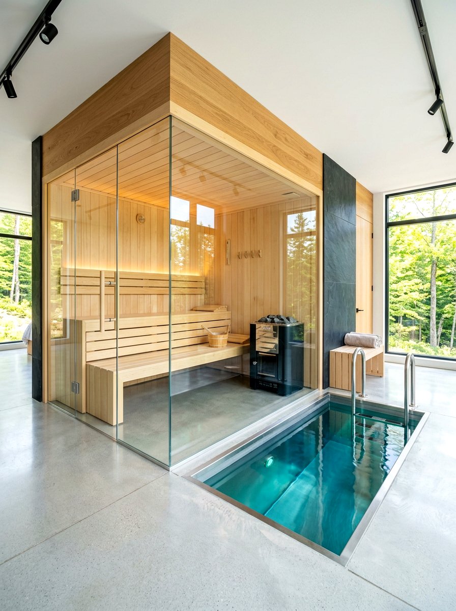 Glass wall sauna design - 30 contrast therapy room ideas