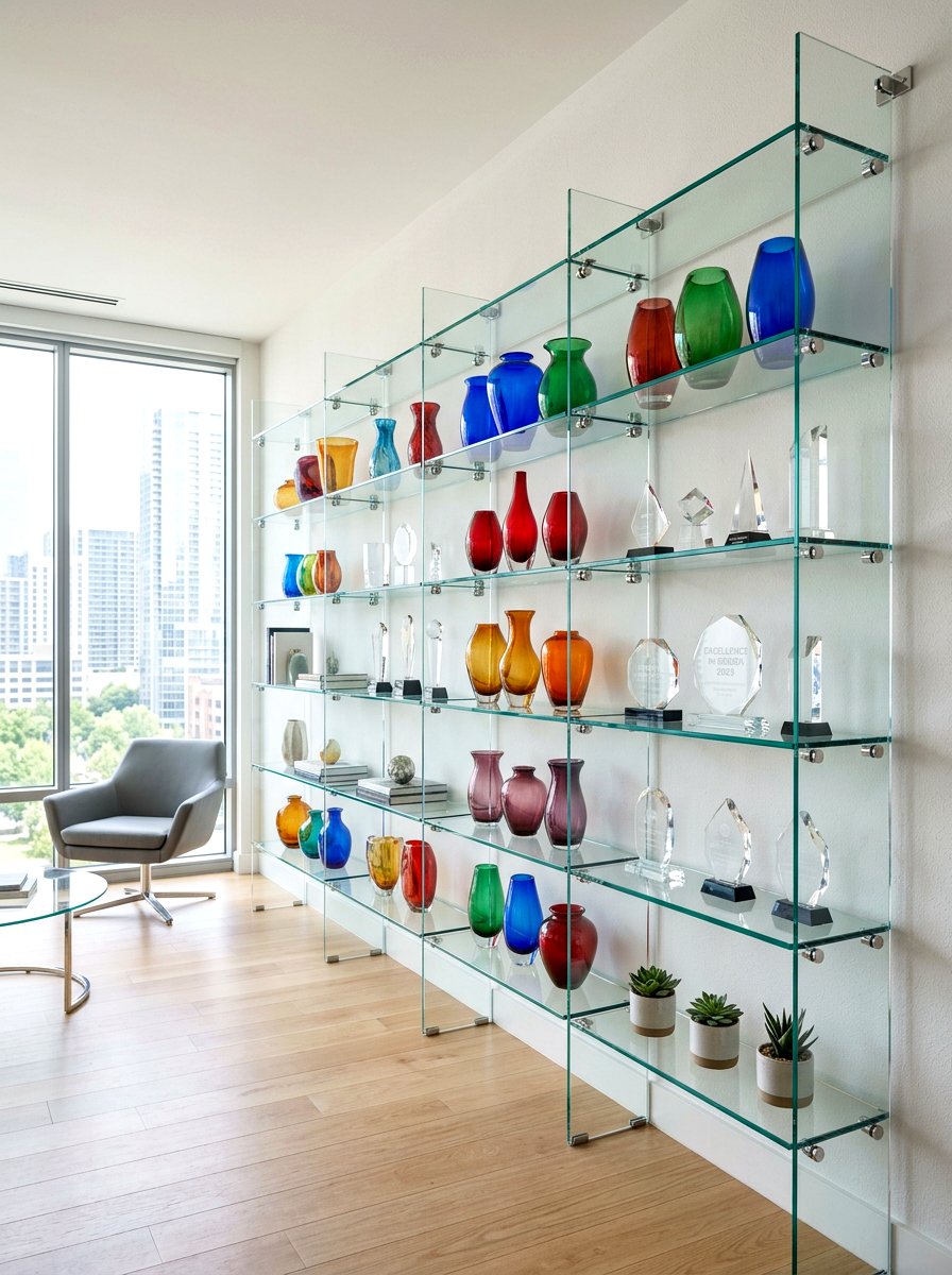 Glass wall shelving - 30 office shelving styling ideas