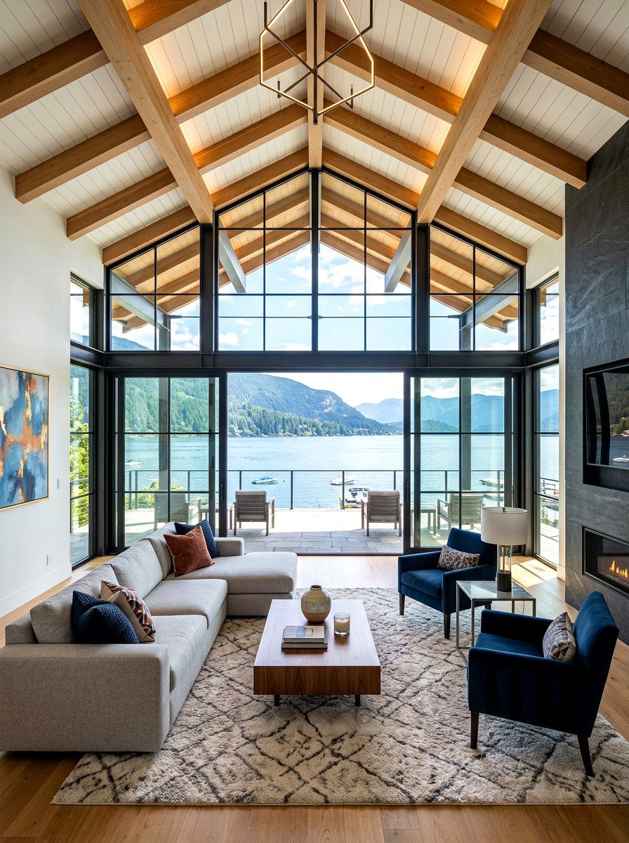 Glass wall vaulted living room - 30 vaulted living room ideas