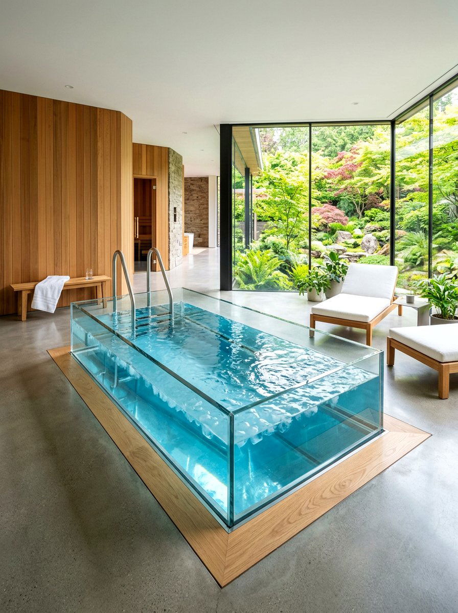 Glass walled cold plunge - 30 cold plunge bath ideas