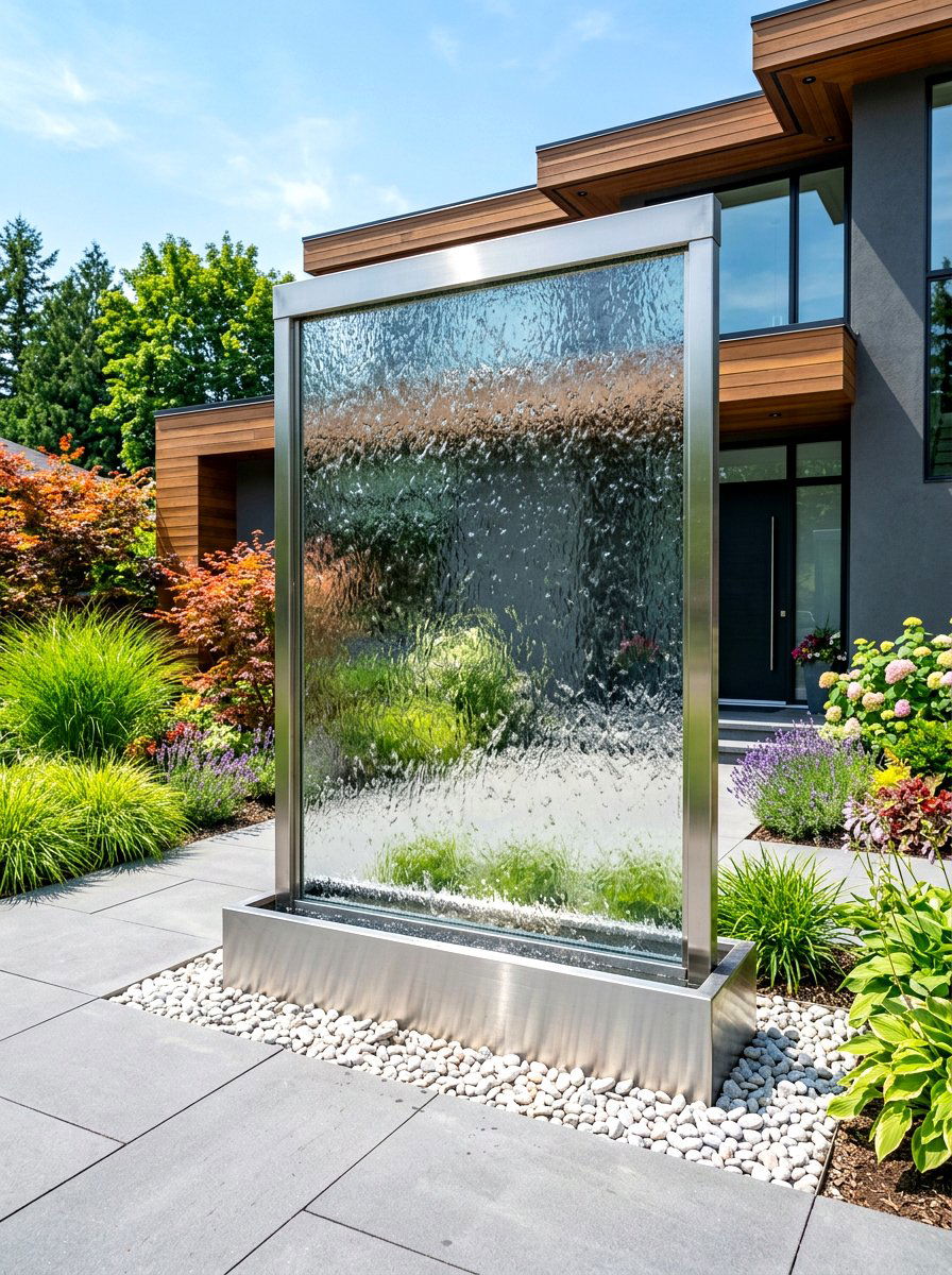 Glass water wall - 30 front yard water feature ideas