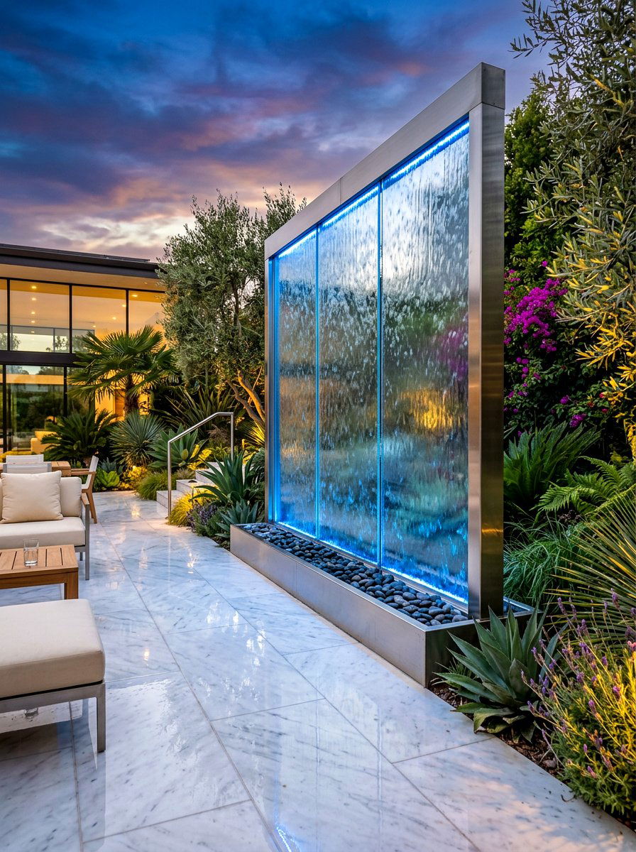 Glass water wall - 30 courtyard fountain ideas