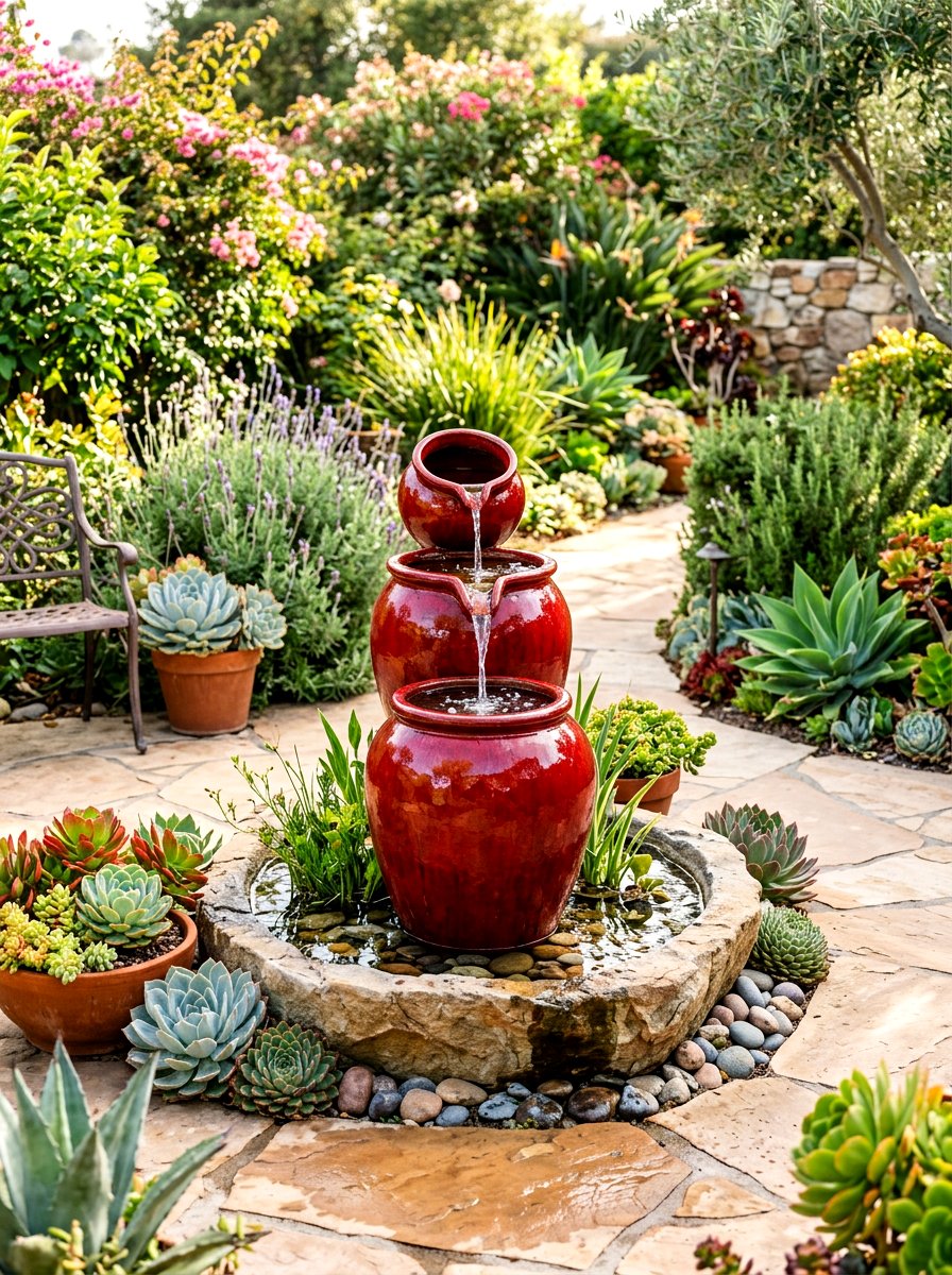 Glazed Ceramic Pot Fountain - 30 garden fountain ideas