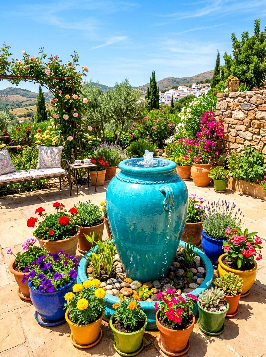 Glazed ceramic fountain - 30 patio fountain ideas