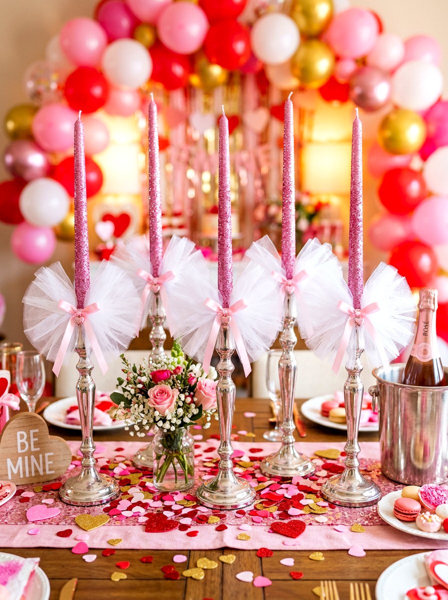 Glitter Taper Valentine Candle With Tulle Bow - 30 bow and candle Valentine ideas