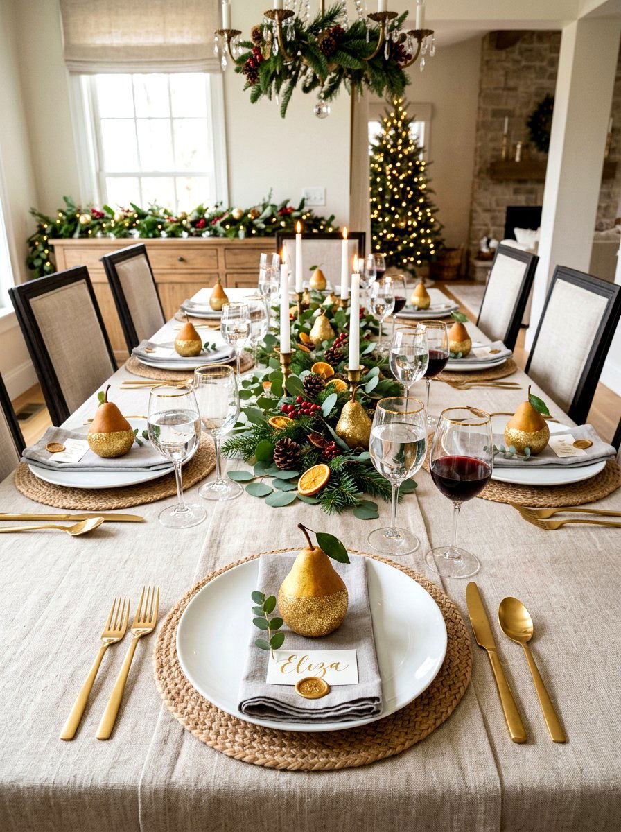 Glitter dipped pear place settings - 30 New Year table decor ideas