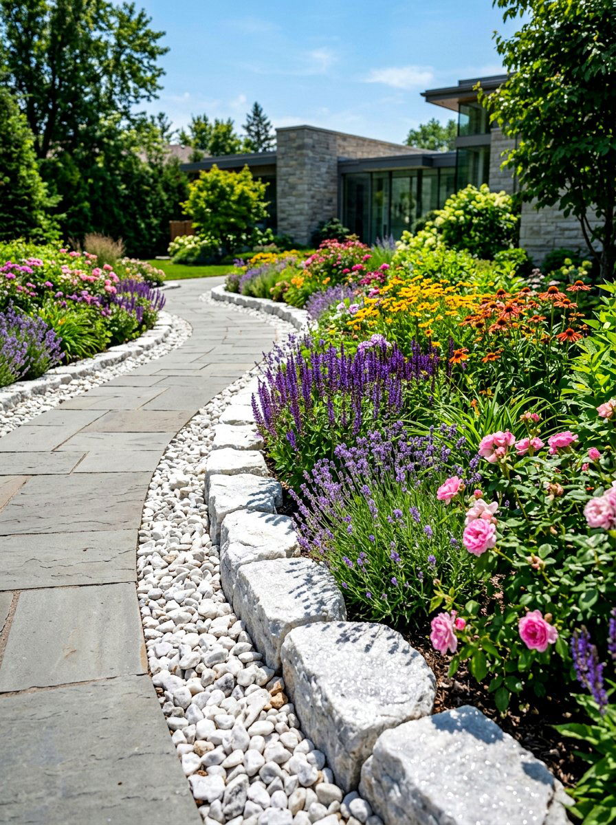 Glittering quartzite garden edge - 30 stone edging front yard ideas