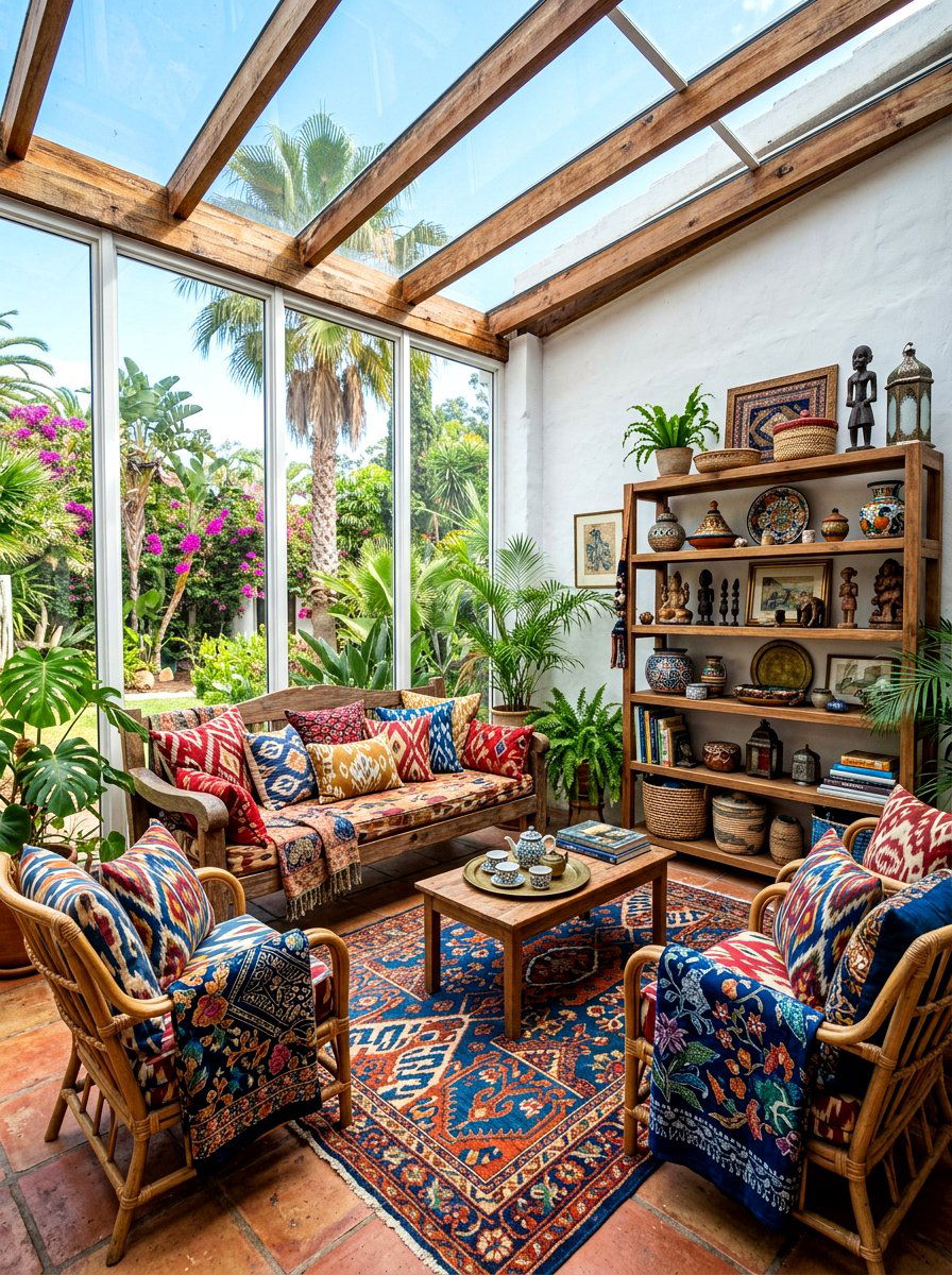 Global print sunroom - 30 boho sunroom ideas
