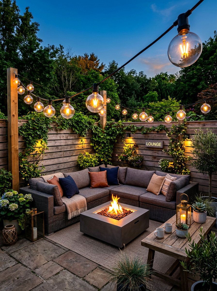 Globe String Lights Fire Pit Lounge - 30 fire pit lighting ideas