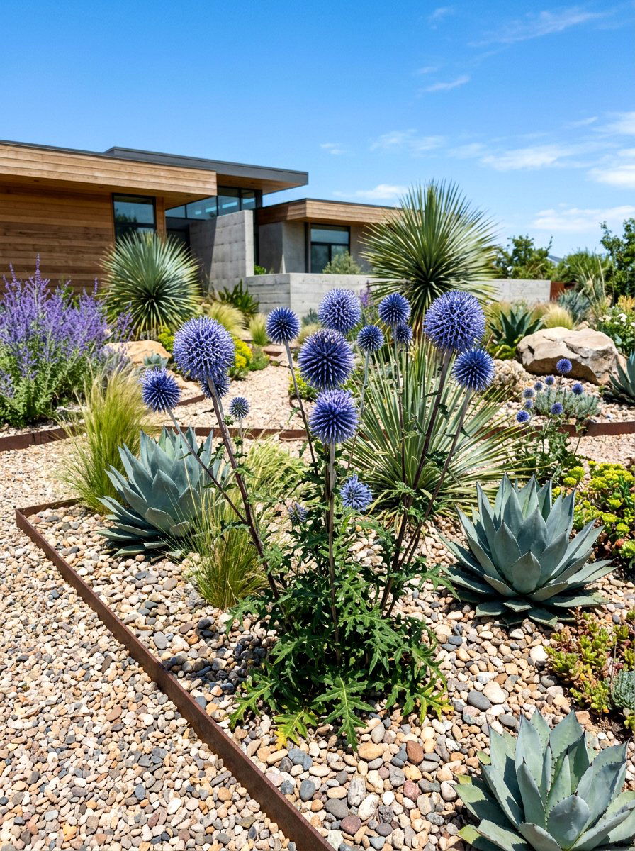 Globe Thistle Xeriscape - 30 blue flower garden ideas